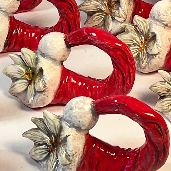 Napkin Rings Christmas Santa Hat White Poinsettia Hand Made Art Deco ￼holidays - Picture 2 of 8